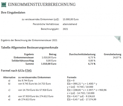 Zrzut ekranu z kalkulatora niemieckiego Ministerstwa Finansów - podatek dochodowy za 2021